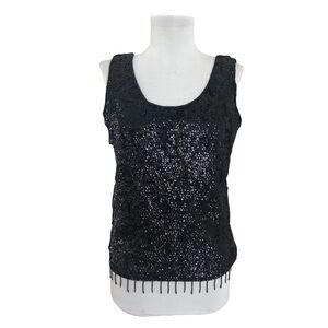 Vintage Beaded Sequin Wool Top size M Black Glam Party gothic
